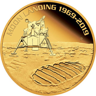 Boot print, gold, reverse: the lunar module behind a large boot print