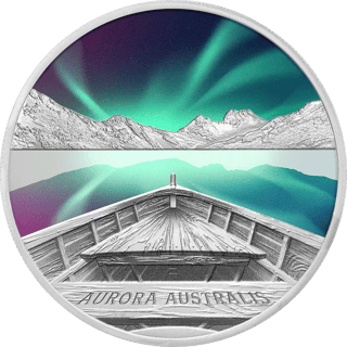 Aurora Australis 2022, silver, reverse: a rowing boat on a lake under a green aurora