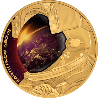 Earth From Above 2022, gold, reverse: a helmet with Earth at night in its visor