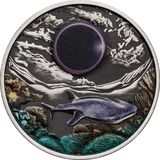 Ningaloo 2023, solar eclipse, reverse: a darkened Sun over a reef with a large spotted shark