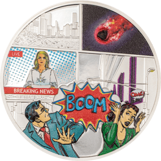 Tenham Meteorite 2023, reverse: an impact as a comic page, with a fireball over a city