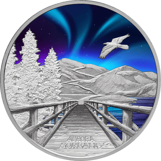 Aurora Borealis 2023, silver, reverse: a wooden jetty and spruce trees under a blue‑violet aurora