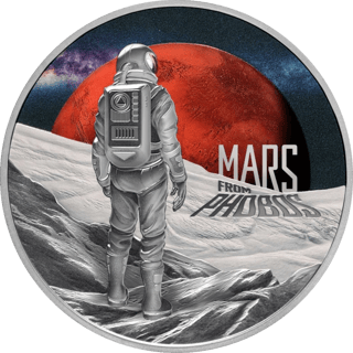 Mars from Phobos, silver, reverse: an astronaut on pale rock against red Mars