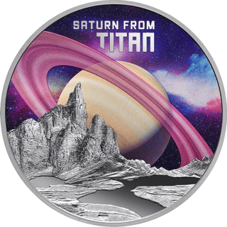 Saturn from Titan, silver, reverse: the ringed planet above rock pinnacles