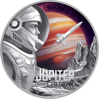 Jupiter from Callisto, silver, reverse: an astronaut and a rocket in front of Jupiter