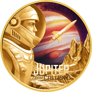 Jupiter from Callisto, gold, reverse: an astronaut and a rocket in front of Jupiter