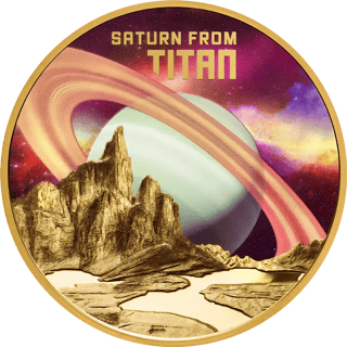 Saturn from Titan, gold, reverse: the ringed planet above rock pinnacles