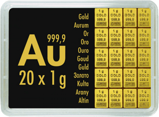 Vier Reihen goldener Stücke neben einer schwarzen Karte mit Au, 999,9 und 20 x 1g, in einer Kapsel