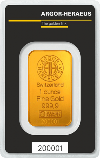 Goldbarren von Argor‑Heraeus mit den Prägungen Switzerland, 1 ounce und Fine Gold 999.9, in schwarzer Karte