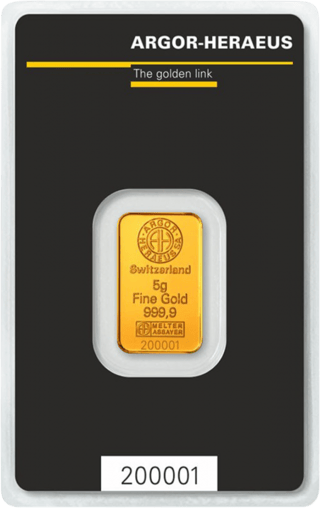 Goldbarren von Argor‑Heraeus mit den Prägungen Switzerland, 5g und Fine Gold 999.9, in schwarzer Karte