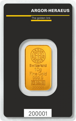 Goldbarren von Argor‑Heraeus mit den Prägungen Switzerland, 10g und Fine Gold 999.9, in schwarzer Karte