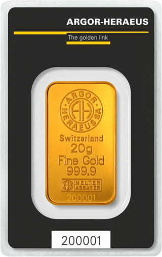 Goldbarren von Argor‑Heraeus mit den Prägungen Switzerland, 20g und Fine Gold 999.9, in schwarzer Karte