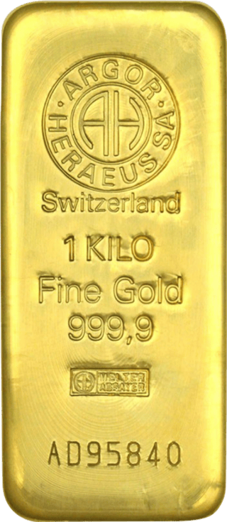 Goldbarren von Argor‑Heraeus mit den Prägungen Switzerland, 1 KILO, Fine Gold 999,9