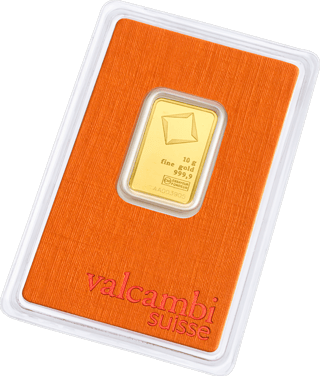 Orangefarbene Karte von Valcambi, schräg gestellt, im Fenster ein Goldbarren zu 10 Gramm, unten der Schriftzug valcambi suisse