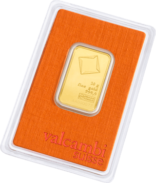 Orangefarbene Karte von Valcambi, schräg gestellt, im Fenster ein Goldbarren zu 20 Gramm, unten der Schriftzug valcambi suisse
