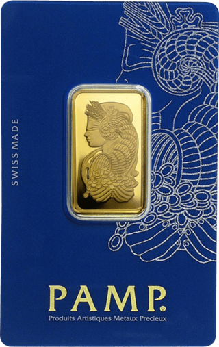 Goldbarren von PAMP mit Fortuna auf der Rückseite, in blauer Karte mit Fortuna