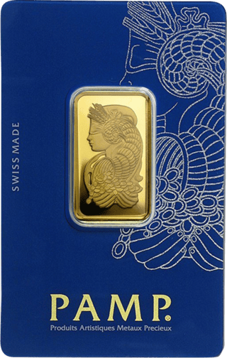 Goldbarren von PAMP mit Fortuna auf der Rückseite, in blauer Karte mit Fortuna