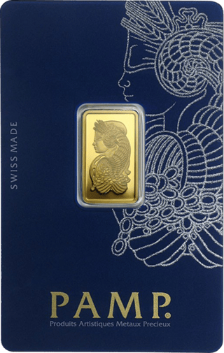 Goldbarren von PAMP mit Fortuna auf der Rückseite, in blauer Karte mit Fortuna