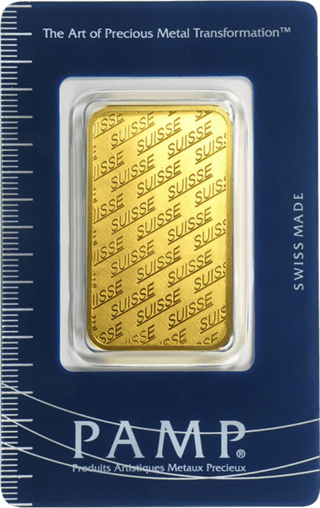 Goldbarren von PAMP mit dem Muster SUISSE auf der Rückseite, in einer Karte mit Millimeterleiste am Rand