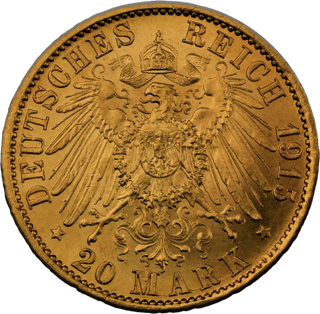 20 mark Pruisen, Wilhelm II, keerzijde met rijksadelaar en waarde