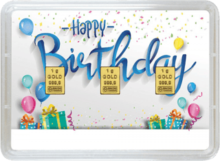 “Happy Birthday” card with colourful balloons and three gold bars of 1 gram each