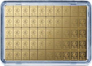 Goldene Tafel aus fünfzig Stücken mit dem Firmenzeichen von Heimerle + Meule, 1g und 999,9, in einer Kapsel