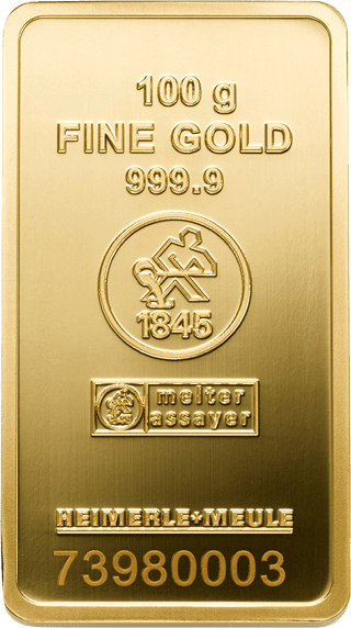 Geprägter Goldbarren von Heimerle + Meule zu 100 Gramm ohne Karte: 100 g, FINE GOLD 999.9, der runde Stempel mit dem Gießer und 1845, melter assayer, HEIMERLE+MEULE und die Nummer 73980003