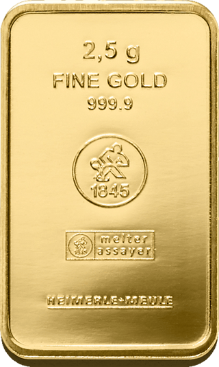 Goldbarren zu 2,5 Gramm von Heimerle + Meule: 2,5 g, FINE GOLD 999.9, das Zeichen mit der Jahreszahl 1845, melter assayer und HEIMERLE + MEULE