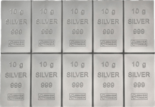 Tableta plateada de diez piezas con 10 g, Silver y 999