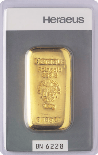 Gegossener Goldbarren von Heraeus, eingeschweißt in seiner Karte