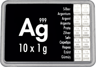 Dos filas de piezas plateadas junto a una tarjeta negra con Ag, 999 y 10 x 1g, en una cápsula