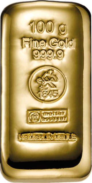 Cast 100‑gram gold bar by Heimerle + Meule: softly rounded edges, 100 g, Fine Gold 999.9, the round stamp with the caster and 1845, melter assayer and HEIMERLE+MEULE
