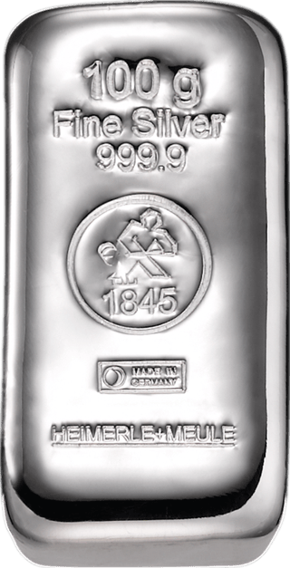 Cast silver bar from Heimerle + Meule marked 100 g, Fine Silver 999,9 and 1845