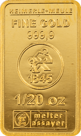 Lingote de oro de 1/20 onza de Heimerle + Meule: FINE GOLD 999,9, la marca con el año 1845, 1/20 oz y melter assayer