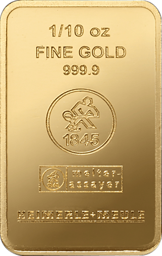 Lingote de oro de 1/10 onza de Heimerle + Meule: 1/10 oz, FINE GOLD 999.9, la marca con el año 1845, melter assayer y HEIMERLE + MEULE