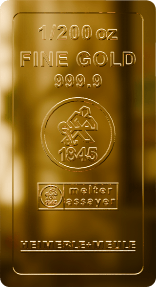 Lingote de oro de 1/200 onza de Heimerle + Meule: 1/200 oz, FINE GOLD 999.9, la marca con el año 1845 y melter assayer