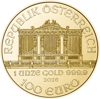 Gold Wiener Philharmoniker coin with the inscriptions REPUBLIK ÖSTERREICH, 1 UNZE GOLD 999.9, 2026 and 100 EURO