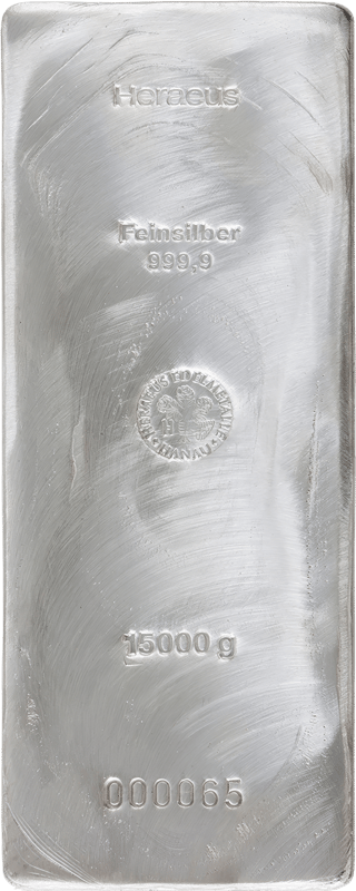 Gran lingote de plata fundido con la inscripción Heraeus, Feinsilber 999,9, el sello redondo, 15000 g y un número