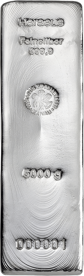 Lingote de plata fundido largo con la inscripción Heraeus, Feinsilber 999,9, el sello redondo, 5000 g y un número