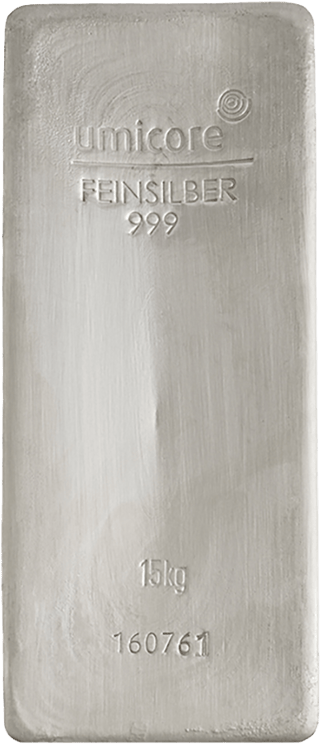 Gran lingote de plata fundido con la inscripción umicore, Feinsilber 999, 15kg y un número