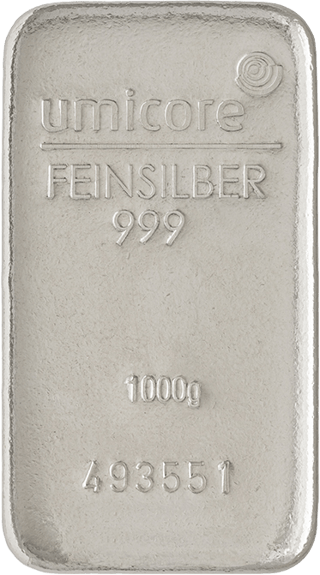 Gegossener Silberbarren mit dem Schriftzug umicore, Feinsilber 999, 1000g und einer Nummer