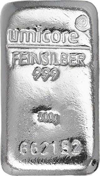 Lingote de plata fundido con la inscripción umicore, Feinsilber 999, 500g y un número