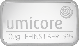 Lingote de plata plano acuñado con el nombre umicore y las inscripciones 100g, Feinsilber y 999