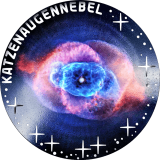 Coloured silver coin with the Cat’s Eye Nebula in blue and pink and the inscription KATZENAUGENNEBEL