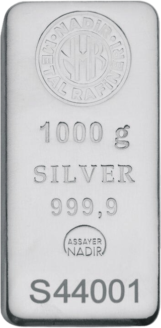 Silberbarren mit dem Rundzeichen von Nadir Metal Rafineri und den Angaben 1000 g, Silver 999,9, Assayer Nadir und einer Nummer