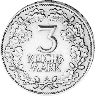 3 Reichsmark 1925, lado del valor con 3 REICHS MARK en una corona de roble