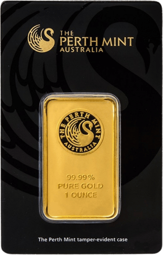 Goldbarren der Perth Mint mit Schwan und den Prägungen 99.99% Pure Gold und 1 Ounce, in schwarzer Karte