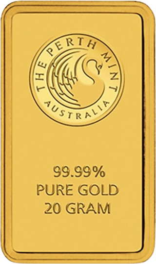 Goldbarren der Perth Mint mit Schwan und den Prägungen 99.99% Pure Gold und 20 Gram