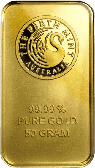 Goudbaar van de Perth Mint met een zwaan en de opschriften 99.99% Pure Gold en 50 Gram
