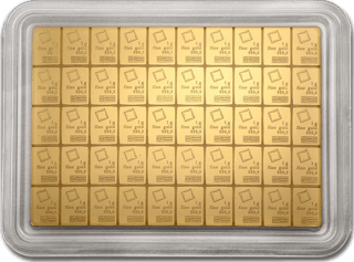 Goldene Tafel aus fünfzig Stücken mit Raute, 1 g und fine gold 999,9, in einer Kapsel